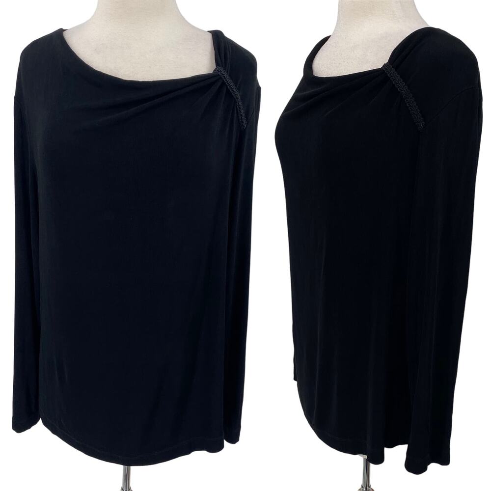 Chicos Travelers Stretch Knit Top Draped Neckline Long Sleeve Black Womens 16